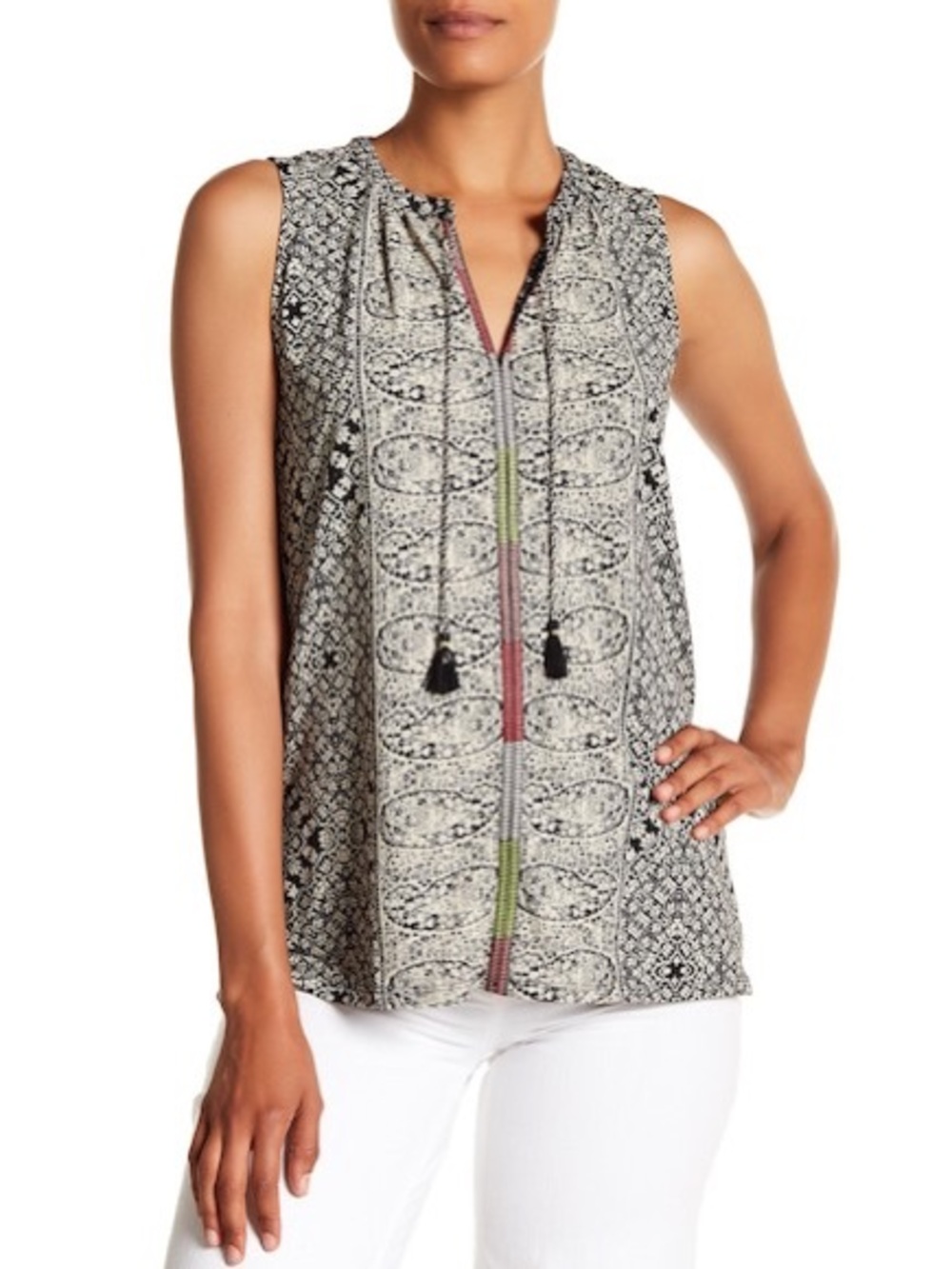 Retro Lucky Brand Paisley Mixed Media Sleeveless Tunic